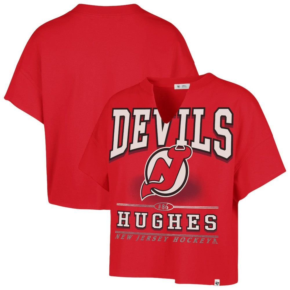 NHL Jack Hughes New Jersey Devils '47 Women's Elation Name & Number Oversized Notch Neck T-Shirt - Red