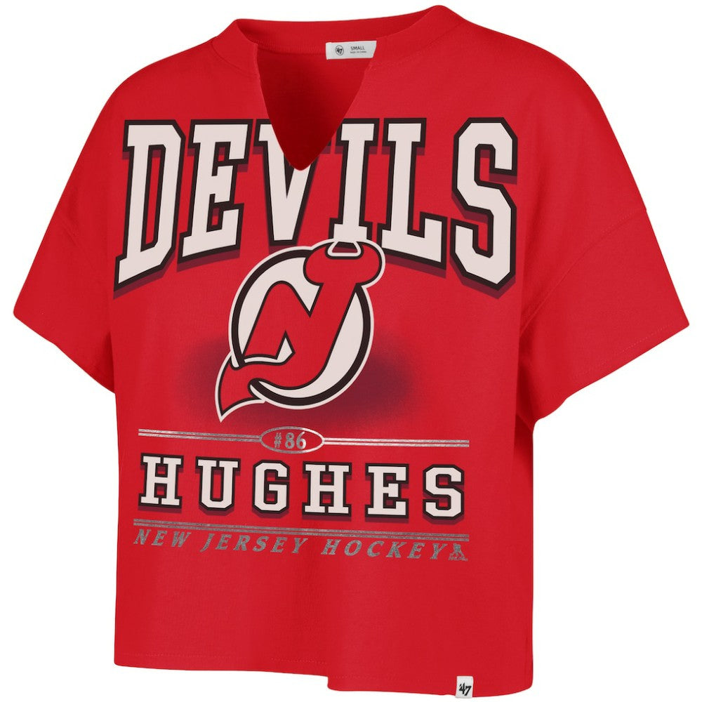 NHL Jack Hughes New Jersey Devils '47 Women's Elation Name & Number Oversized Notch Neck T-Shirt - Red