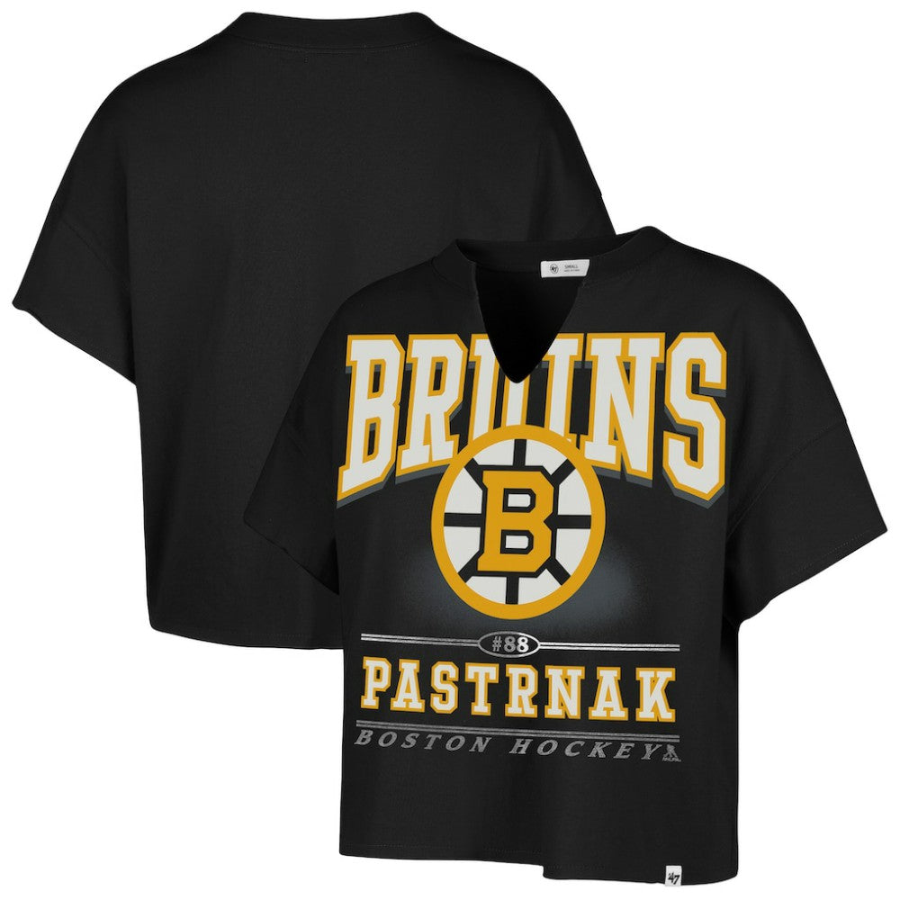 NHL David Pastrnak Boston Bruins '47 Women's Elation Name & Number Oversized Notch Neck T-Shirt - Black