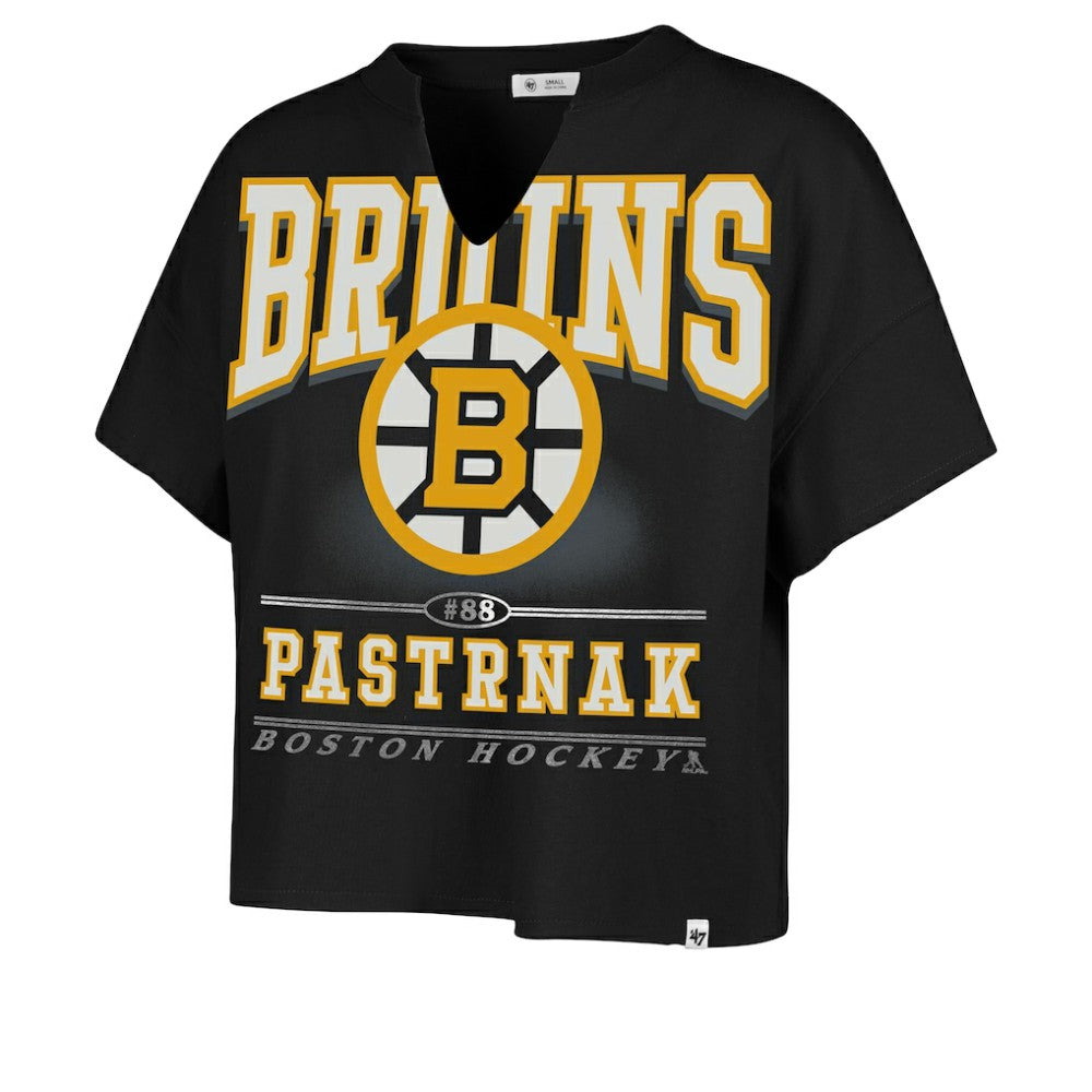 NHL David Pastrnak Boston Bruins '47 Women's Elation Name & Number Oversized Notch Neck T-Shirt - Black