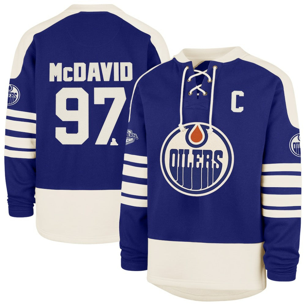 NHL Connor McDavid Edmonton Oilers '47 Player Name & Number Sweep Check Eternal Lacer Sweatshirt - Royal