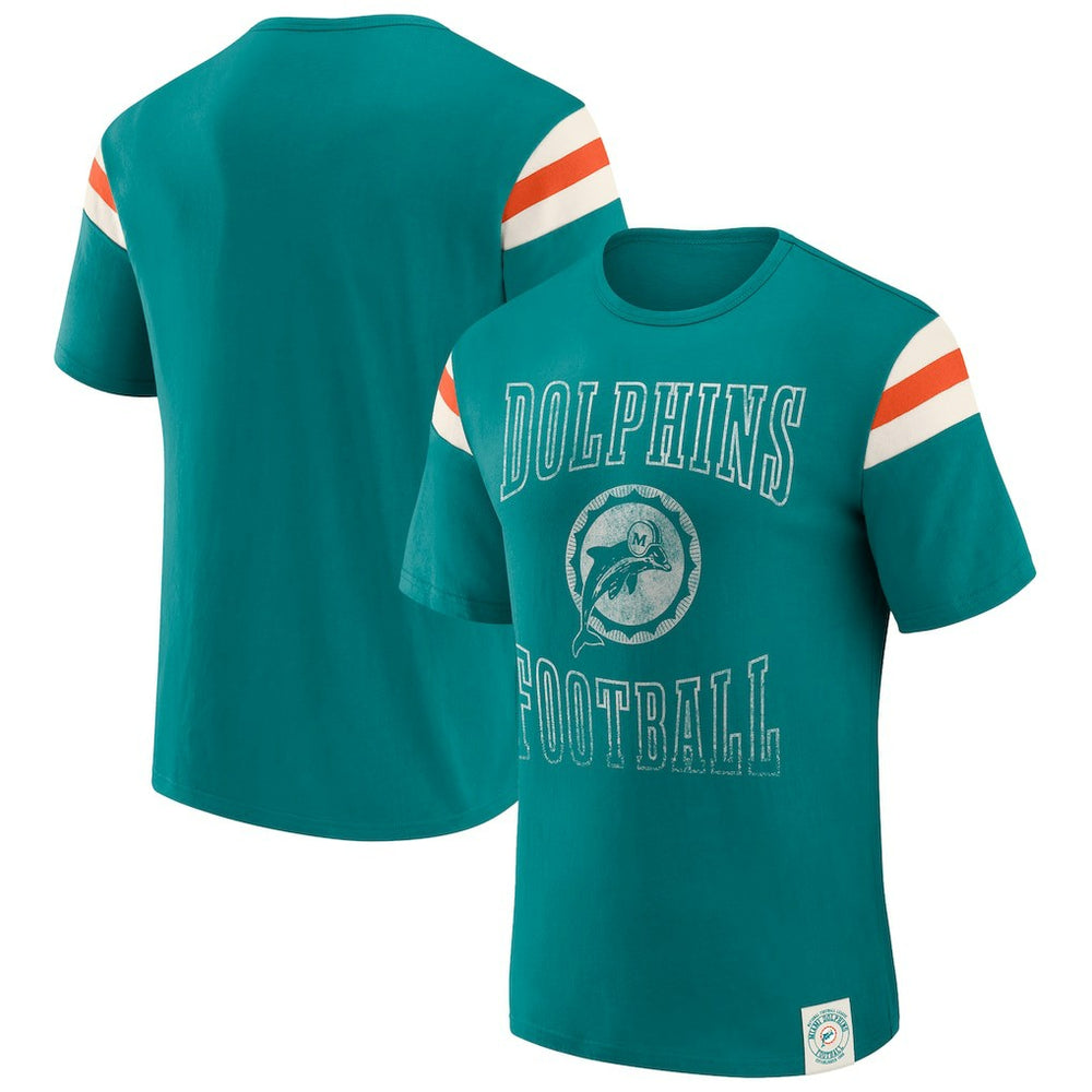 Miami Dolphins Darius Rucker Collection Distressed Throwback Shoulder Stripe T-Shirt Aqua