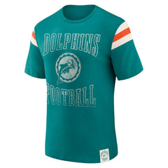 Miami Dolphins Darius Rucker Collection Distressed Throwback Shoulder Stripe T-Shirt Aqua