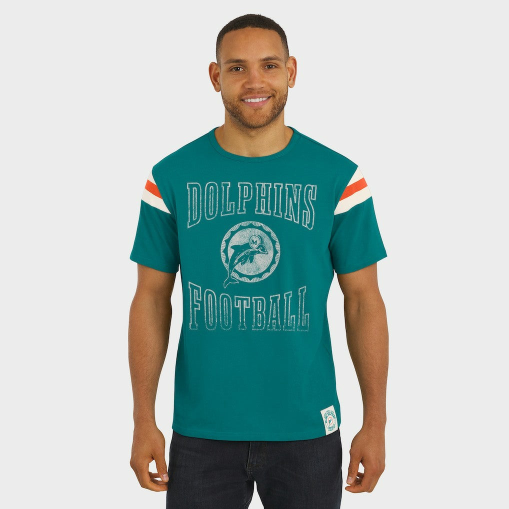 Miami Dolphins Darius Rucker Collection Distressed Throwback Shoulder Stripe T-Shirt Aqua