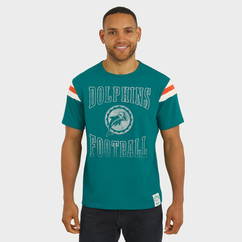Miami Dolphins Darius Rucker Collection Distressed Throwback Shoulder Stripe T-Shirt Aqua
