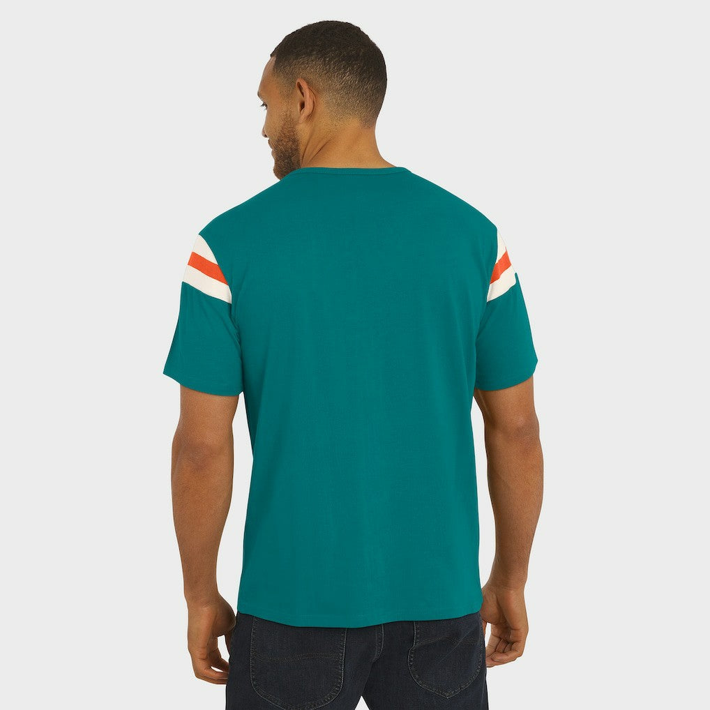 Miami Dolphins Darius Rucker Collection Distressed Throwback Shoulder Stripe T-Shirt Aqua