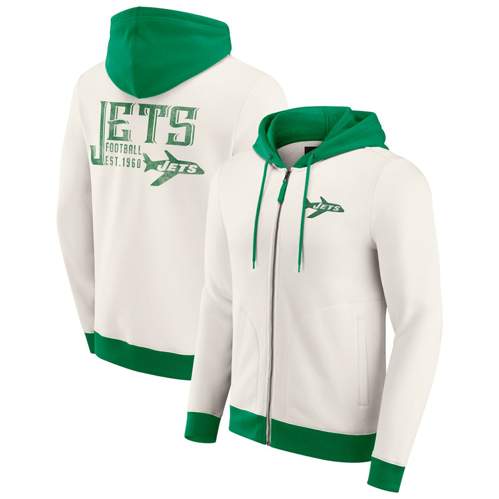 New York Jets Darius Rucker Collection Distressed Graphics Full-Zip Hoodie Cream