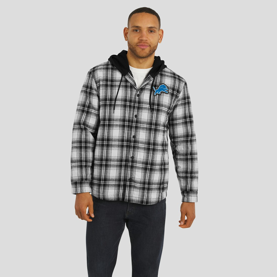 Detroit Lions NFL x Darius Rucker Collection Plaid Flannel Quilted Full-Snap Hooded Shacket Black