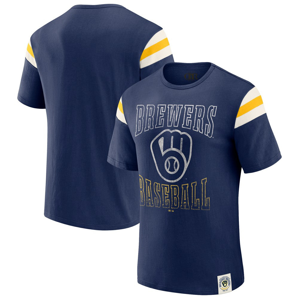 Milwaukee Brewers Darius Rucker Collection by Fanatics Distressed Sleeve Stripe T-Shirt - Navy T-shirts