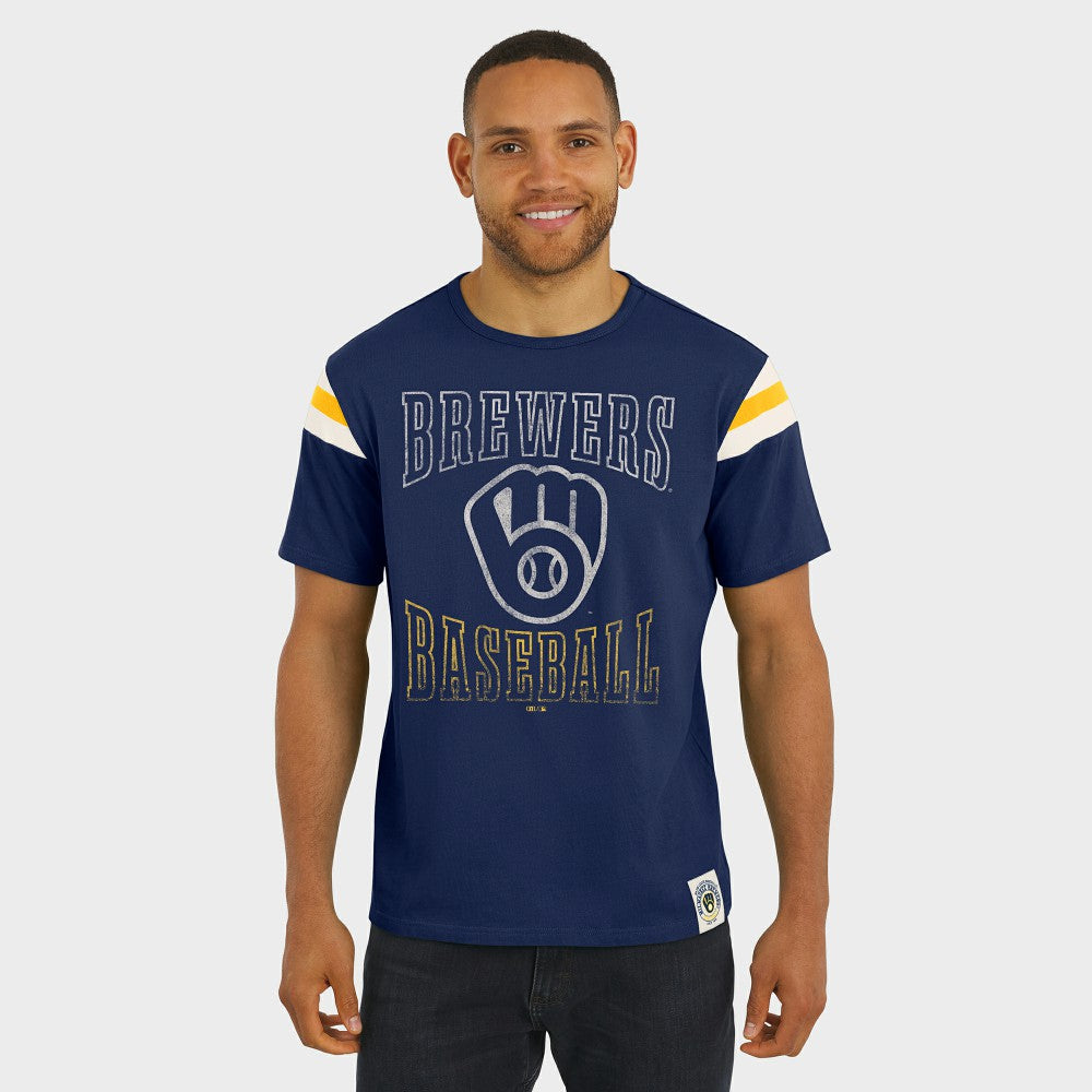 Milwaukee Brewers Darius Rucker Collection by Fanatics Distressed Sleeve Stripe T-Shirt - Navy T-shirts