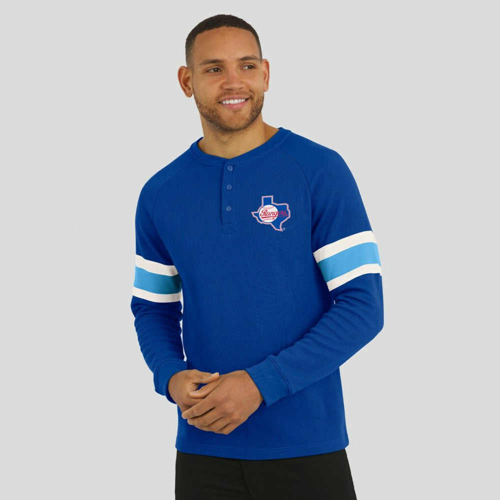 Texas Rangers Darius Rucker Collection by Fanatics Waffle-Knit Raglan Long Sleeve Henley T-Shirt - Royal T-shirts
