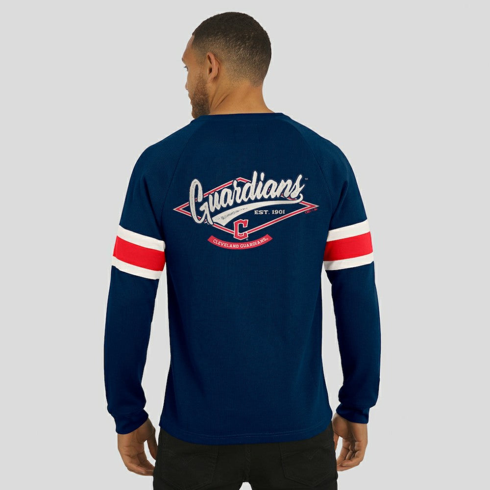 Cleveland Guardians Darius Rucker Collection by Fanatics Waffle-Knit Raglan Long Sleeve Henley T-Shirt - Navy T-shirts