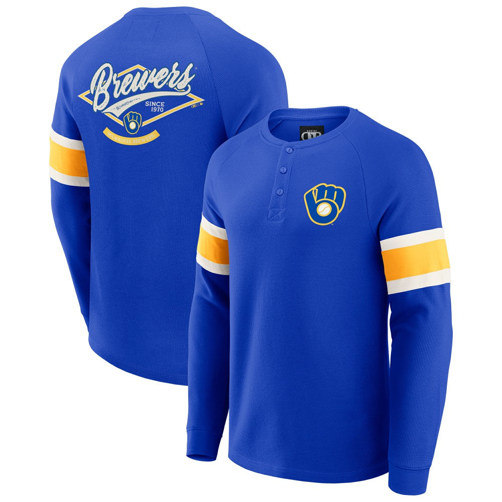Milwaukee Brewers Darius Rucker Collection by Fanatics Waffle-Knit Raglan Long Sleeve Henley T-Shirt - Royal T-shirts