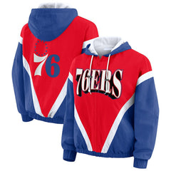 Philadelphia 76ers WEAR by Erin Andrews Women's Colorblock Full-Zip Hoodie Windbreaker Jacket Red/Royal