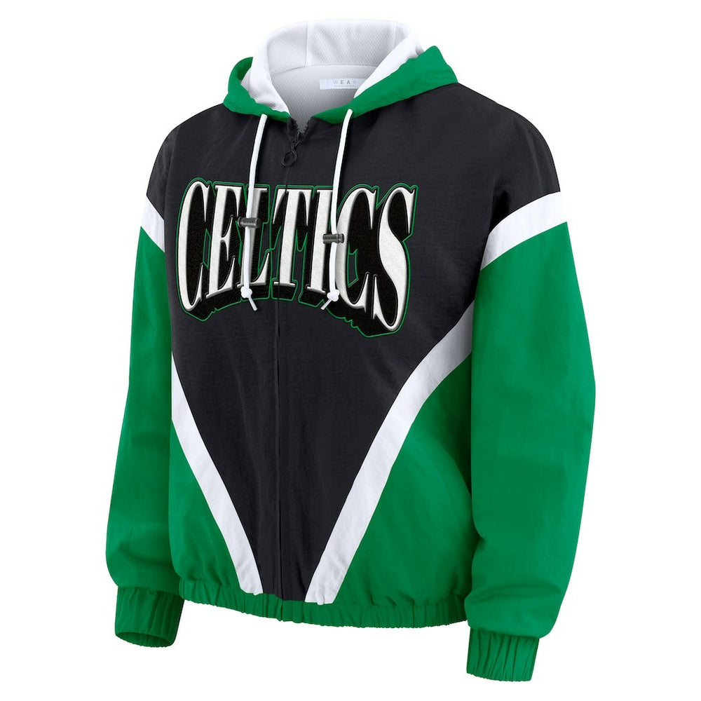 Boston Celtics WEAR by Erin Andrews Women's Colorblock Full-Zip Hoodie Windbreaker Jacket Black/Kelly Green