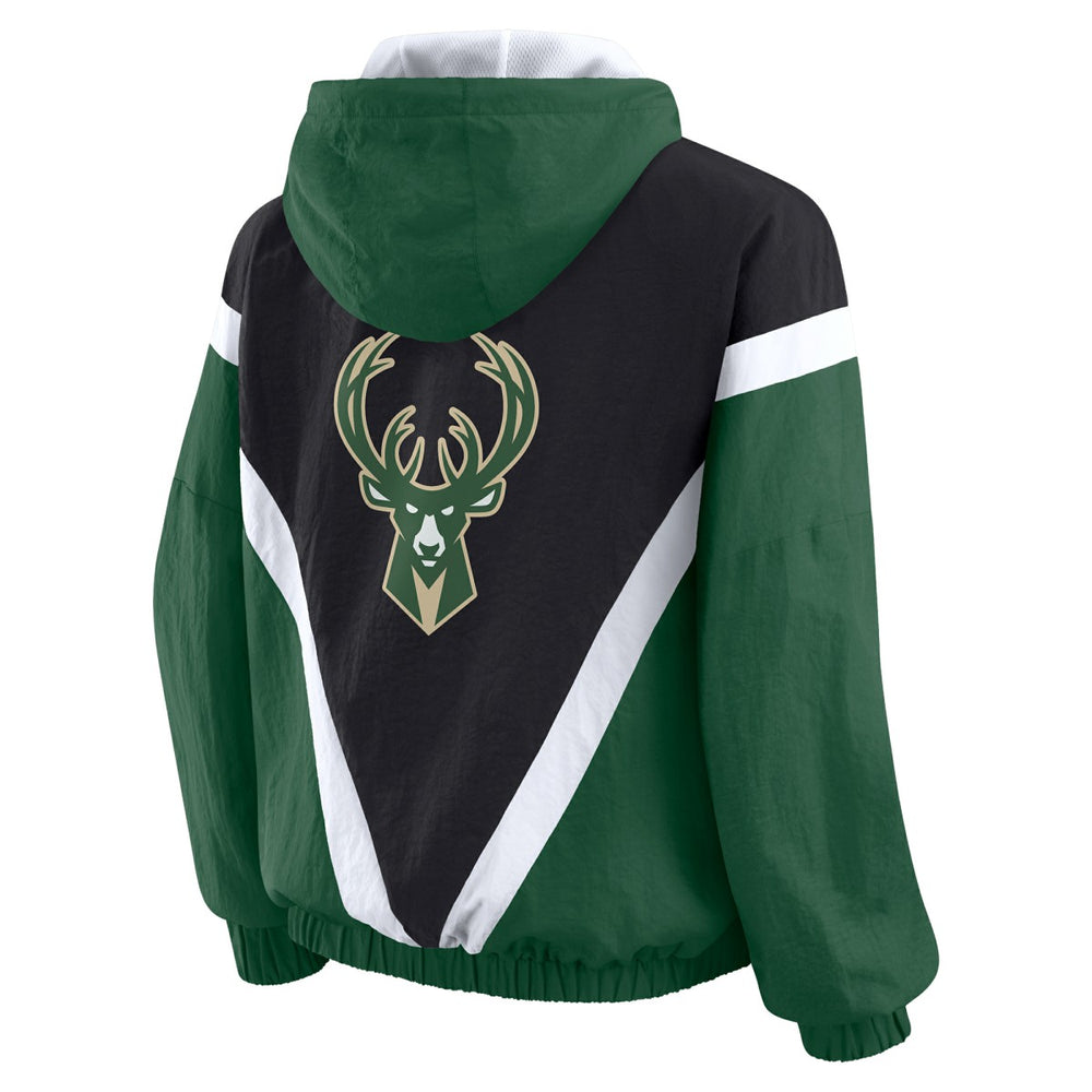 Milwaukee Bucks WEAR by Erin Andrews Women's Colorblock Full-Zip Hoodie Windbreaker Jacket Black/Hunter Green