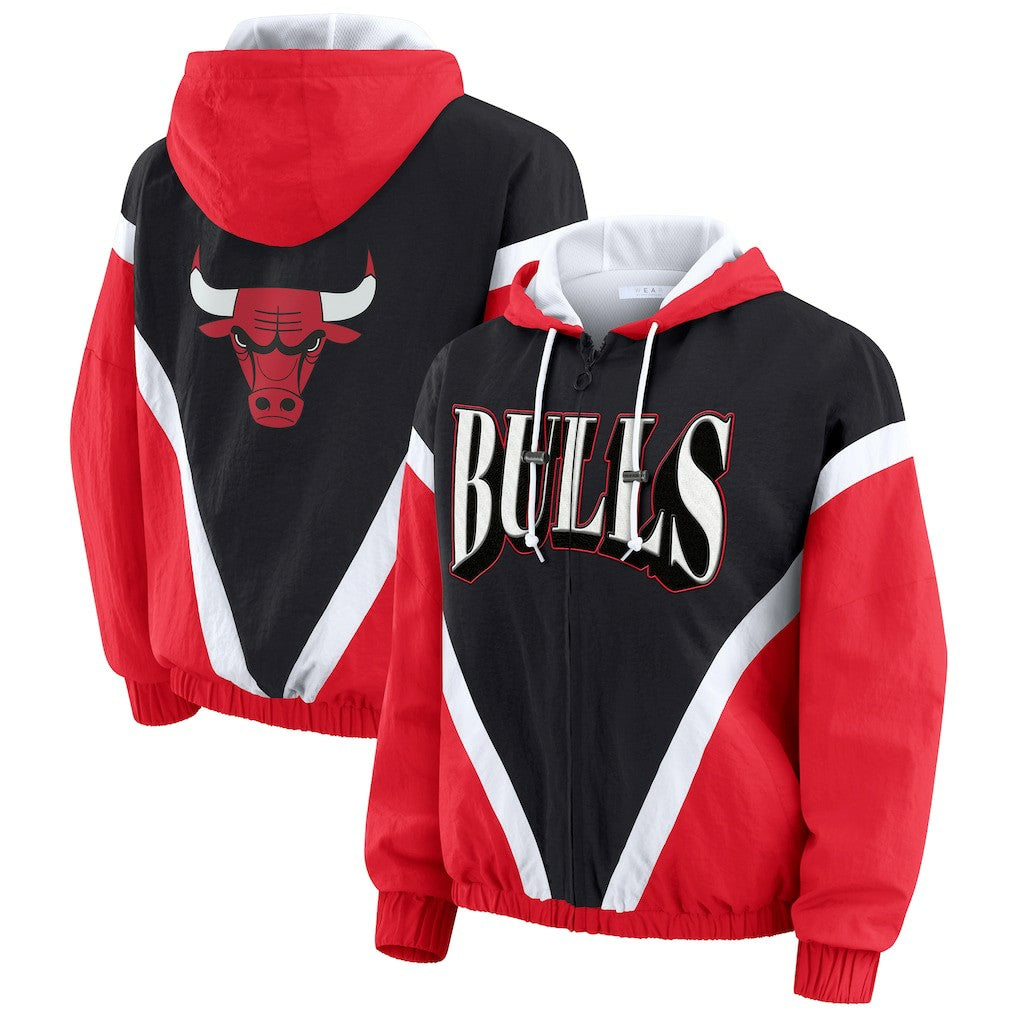Chicago Bulls WEAR by Erin Andrews Women's Colorblock Full-Zip Hoodie Windbreaker Jacket Black/Red