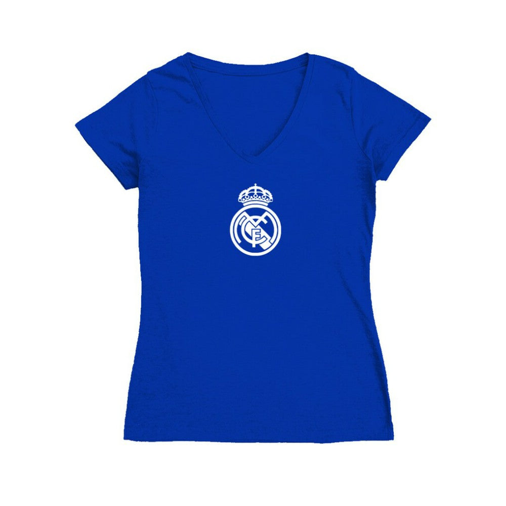 Real Madrid Vive La Fete Women's Color Badge V-Neck Fitted T-Shirt Royal