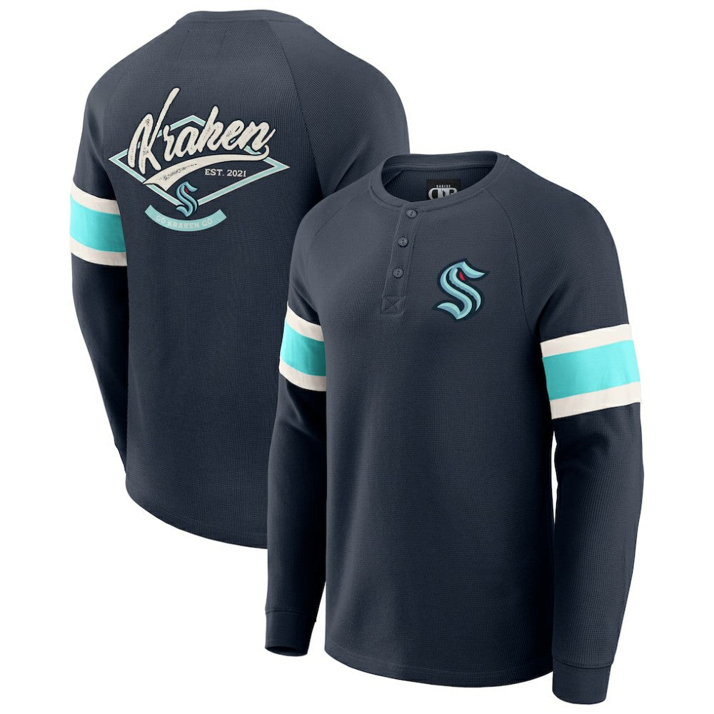 NHL Seattle Kraken Darius Rucker Collection by Fanatics Waffle-Knit Raglan Long Sleeve Henley T-Shirt - Deep Sea Blue