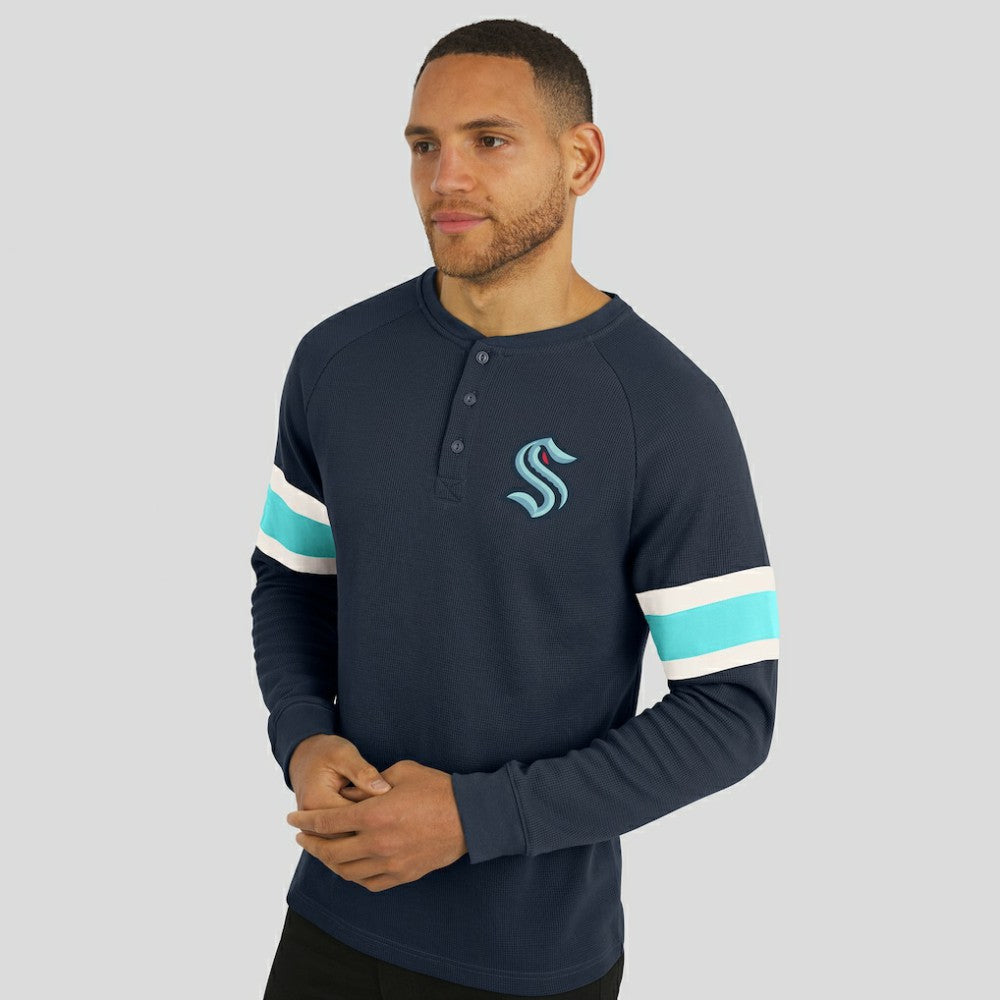 NHL Seattle Kraken Darius Rucker Collection by Fanatics Waffle-Knit Raglan Long Sleeve Henley T-Shirt - Deep Sea Blue