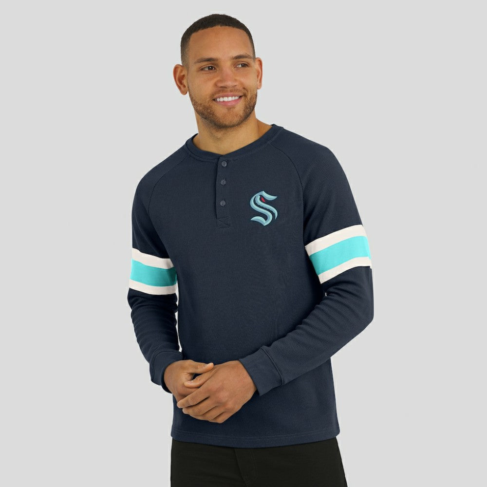NHL Seattle Kraken Darius Rucker Collection by Fanatics Waffle-Knit Raglan Long Sleeve Henley T-Shirt - Deep Sea Blue
