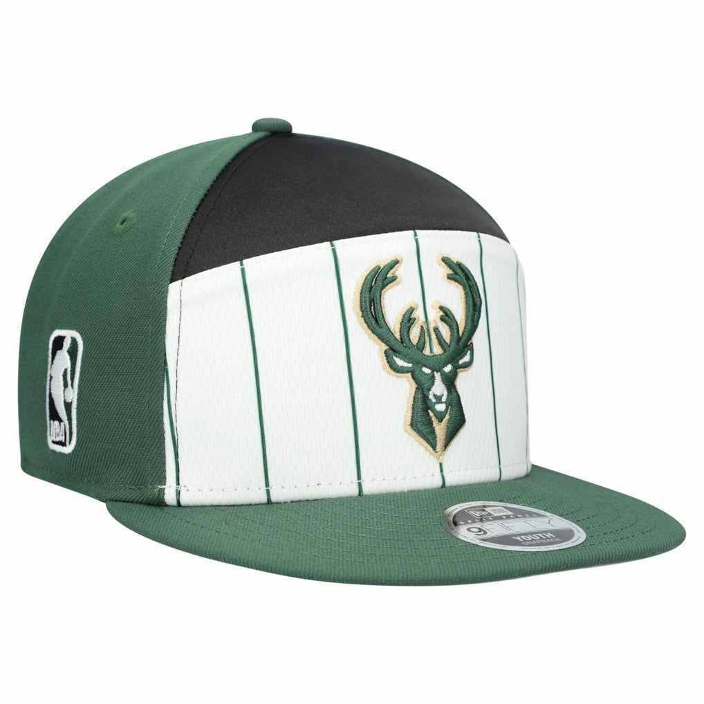 Milwaukee Bucks Youth 2025 NBA Tip Off Split Panel 9FIFTY Snapback Hat White/Hunter Green