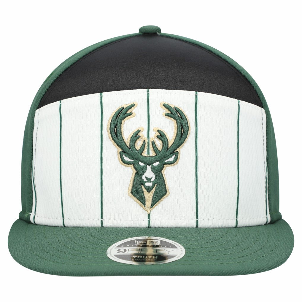 Milwaukee Bucks Youth 2025 NBA Tip Off Split Panel 9FIFTY Snapback Hat White/Hunter Green