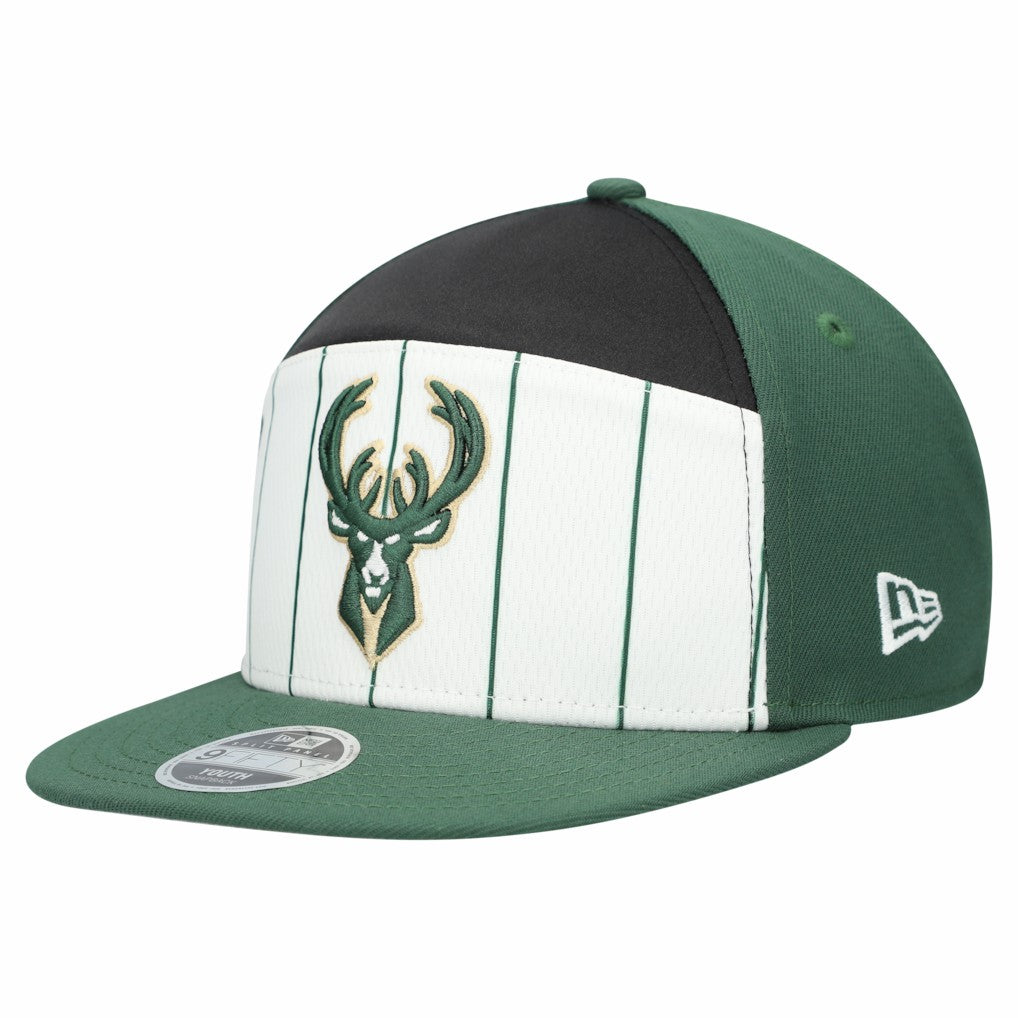 Milwaukee Bucks Youth 2025 NBA Tip Off Split Panel 9FIFTY Snapback Hat White/Hunter Green