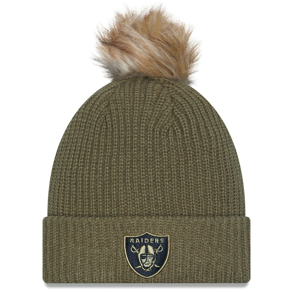 Las Vegas Raiders New Era Women's 2025 Salute to Service Cuffed Knit Hat with Pom Dark Green