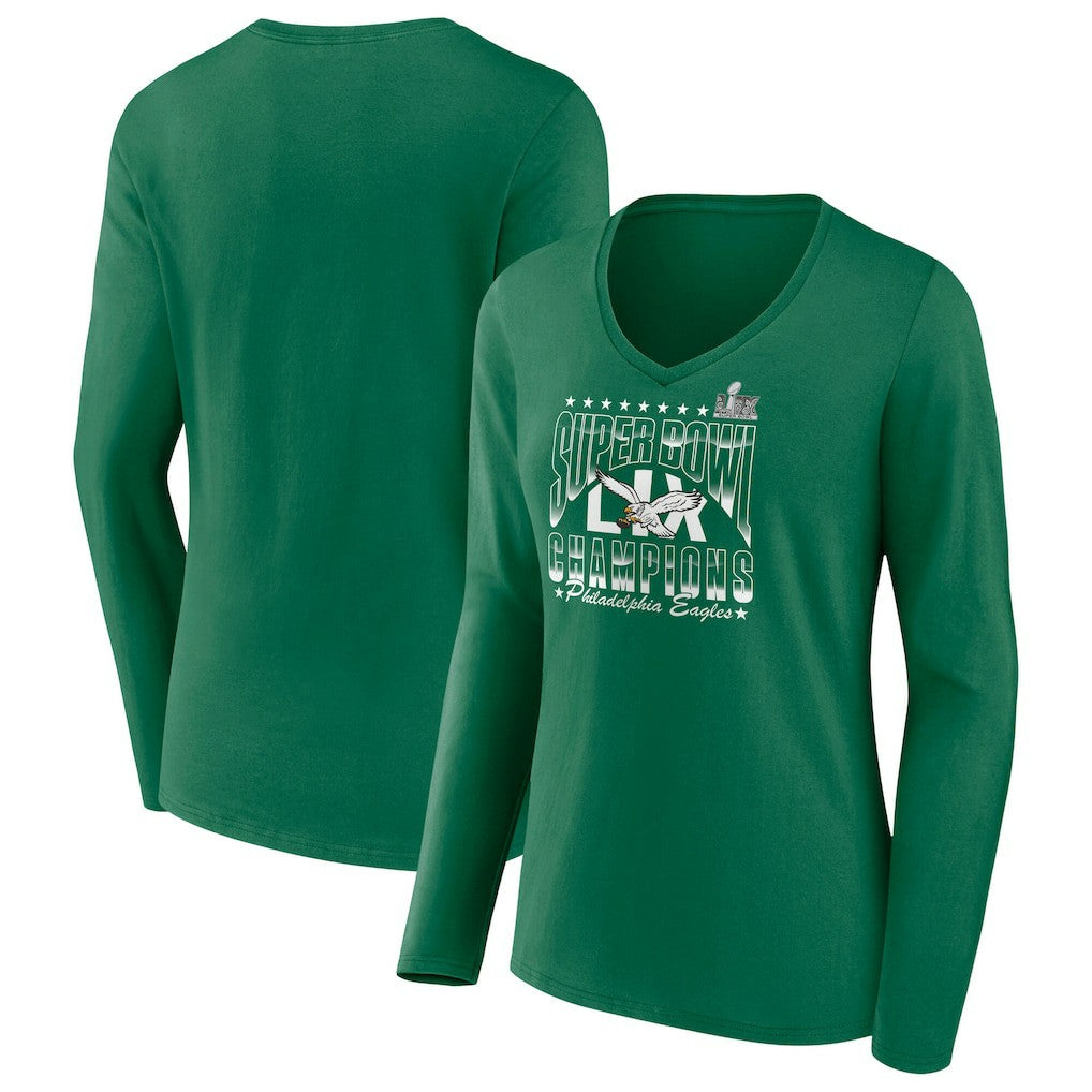 Philadelphia Eagles Women's Super Bowl LIX Champions Retro Logo Long Sleeve V-Neck T-Shirt Kelly Green