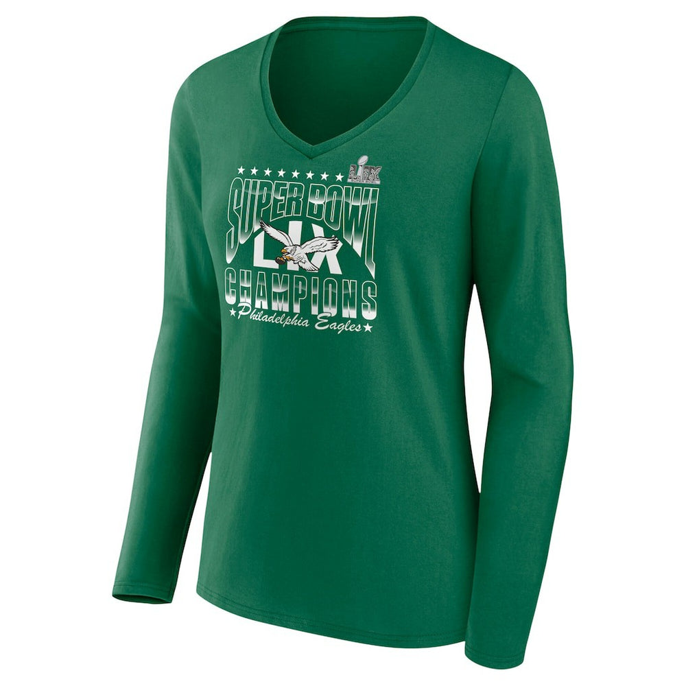 Philadelphia Eagles Women's Super Bowl LIX Champions Retro Logo Long Sleeve V-Neck T-Shirt Kelly Green