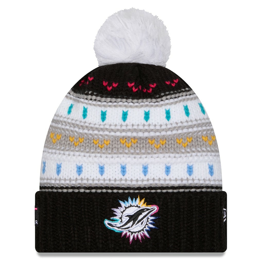 Miami Dolphins New Era Women's 2025 NFL Crucial Catch Cuffed Knit Hat with Pom Black