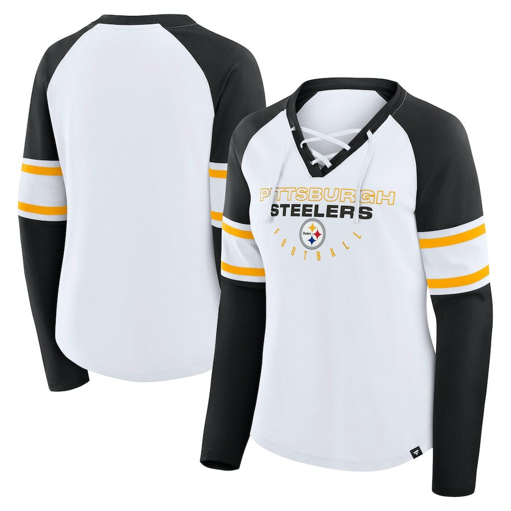 Pittsburgh Steelers Women's Plus Size Redzone Lace Up Long Sleeve T-Shirt White