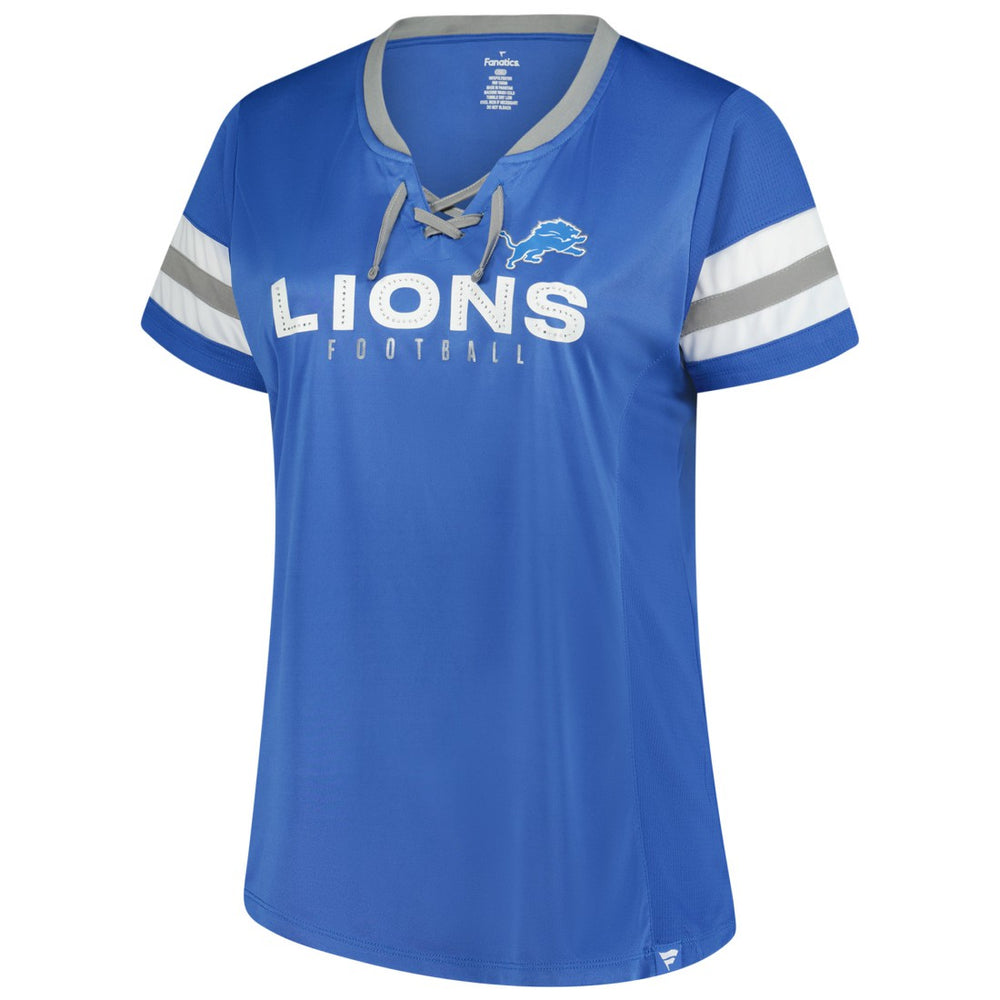 Detroit Lions Women's Plus Size Rhinestone Redzone Athena Lace-Up Notch Neck T-Shirt Blue