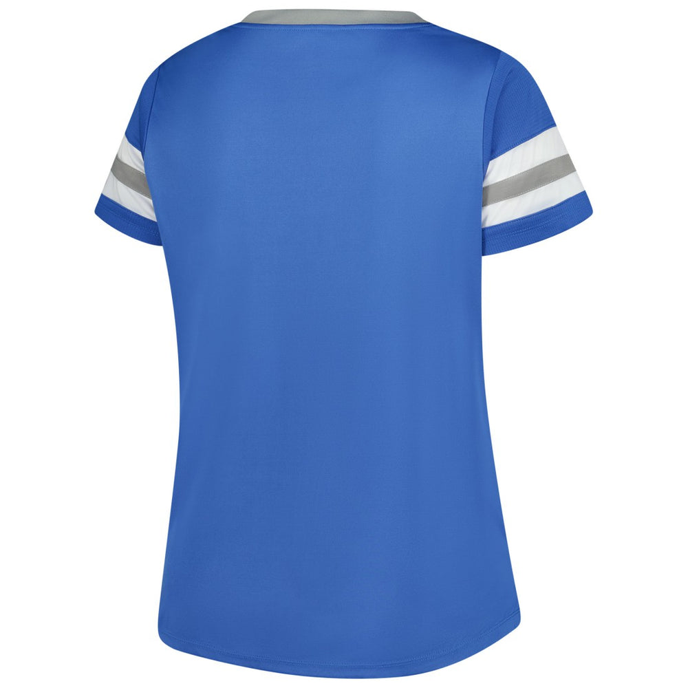 Detroit Lions Women's Plus Size Rhinestone Redzone Athena Lace-Up Notch Neck T-Shirt Blue