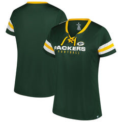 Green Bay Packers Women's Plus Size Rhinestone Redzone Athena Lace-Up Notch Neck T-Shirt Green