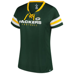 Green Bay Packers Women's Plus Size Rhinestone Redzone Athena Lace-Up Notch Neck T-Shirt Green