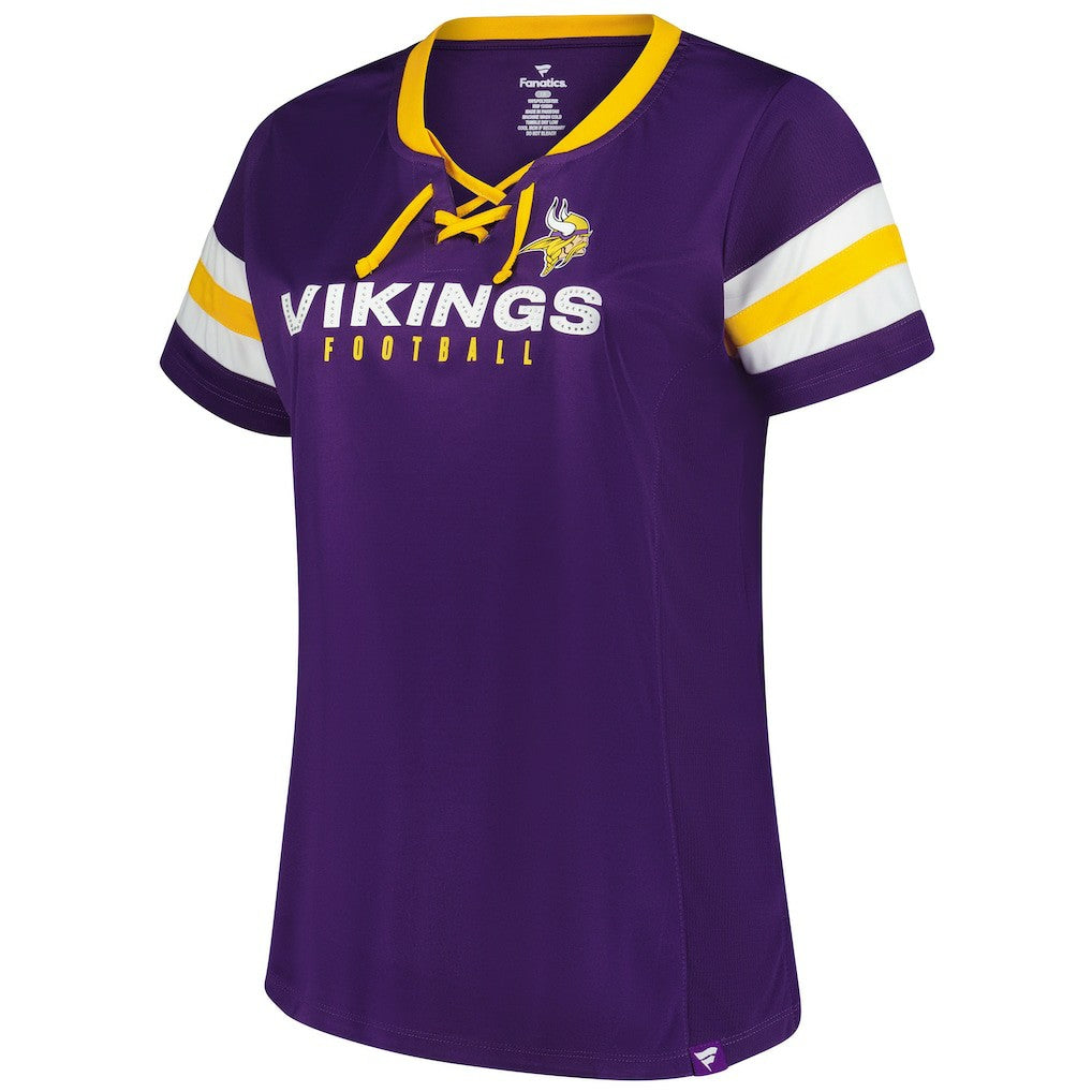 Minnesota Vikings Women's Plus Size Rhinestone Redzone Athena Lace-Up Notch Neck T-Shirt Purple