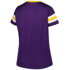 Minnesota Vikings Women's Plus Size Rhinestone Redzone Athena Lace-Up Notch Neck T-Shirt Purple