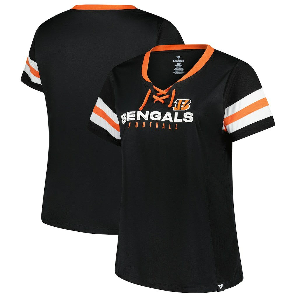 Cincinnati Bengals Women's Plus Size Red Zone Athena Lace-Up V-Notch Neck T-Shirt Black