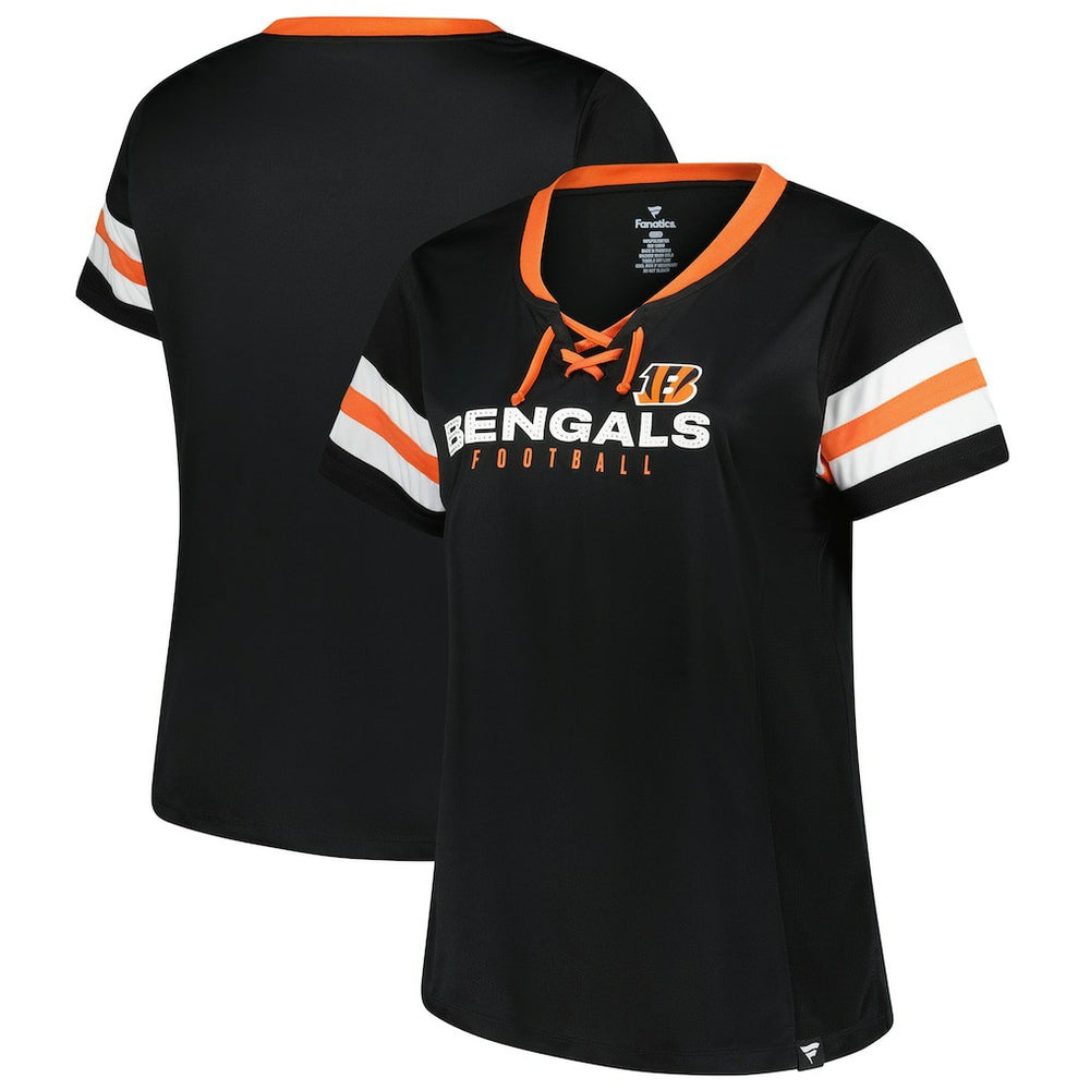 Cincinnati Bengals Women's Plus Size Red Zone Athena Lace-Up V-Notch Neck T-Shirt Black