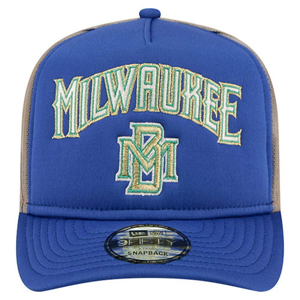 Milwaukee Brewers New Era Vintage Arched Foam Front 9FIFTY A-Frame Adjustable Trucker Hat - Royal Hats