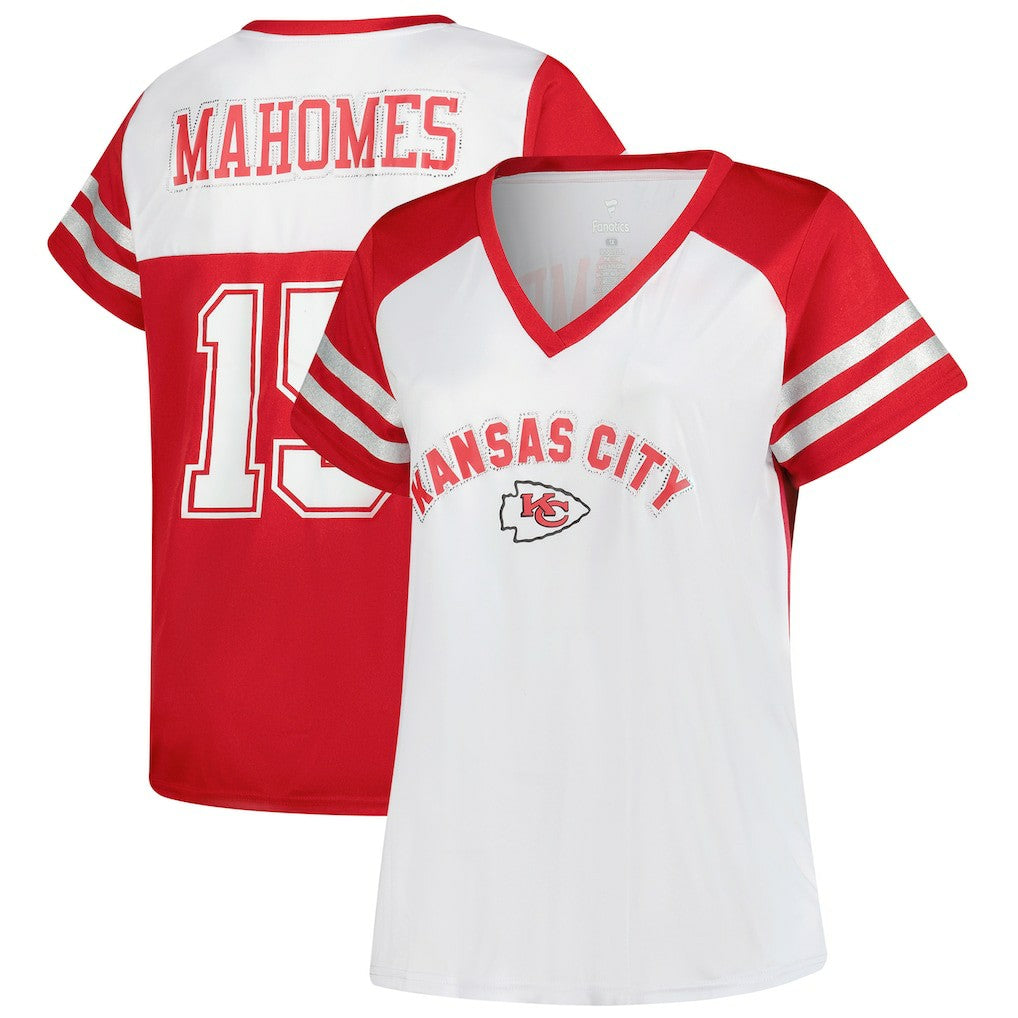 Patrick Mahomes Kansas City Chiefs Women's Plus Size Bling V-Neck T-Shirt White