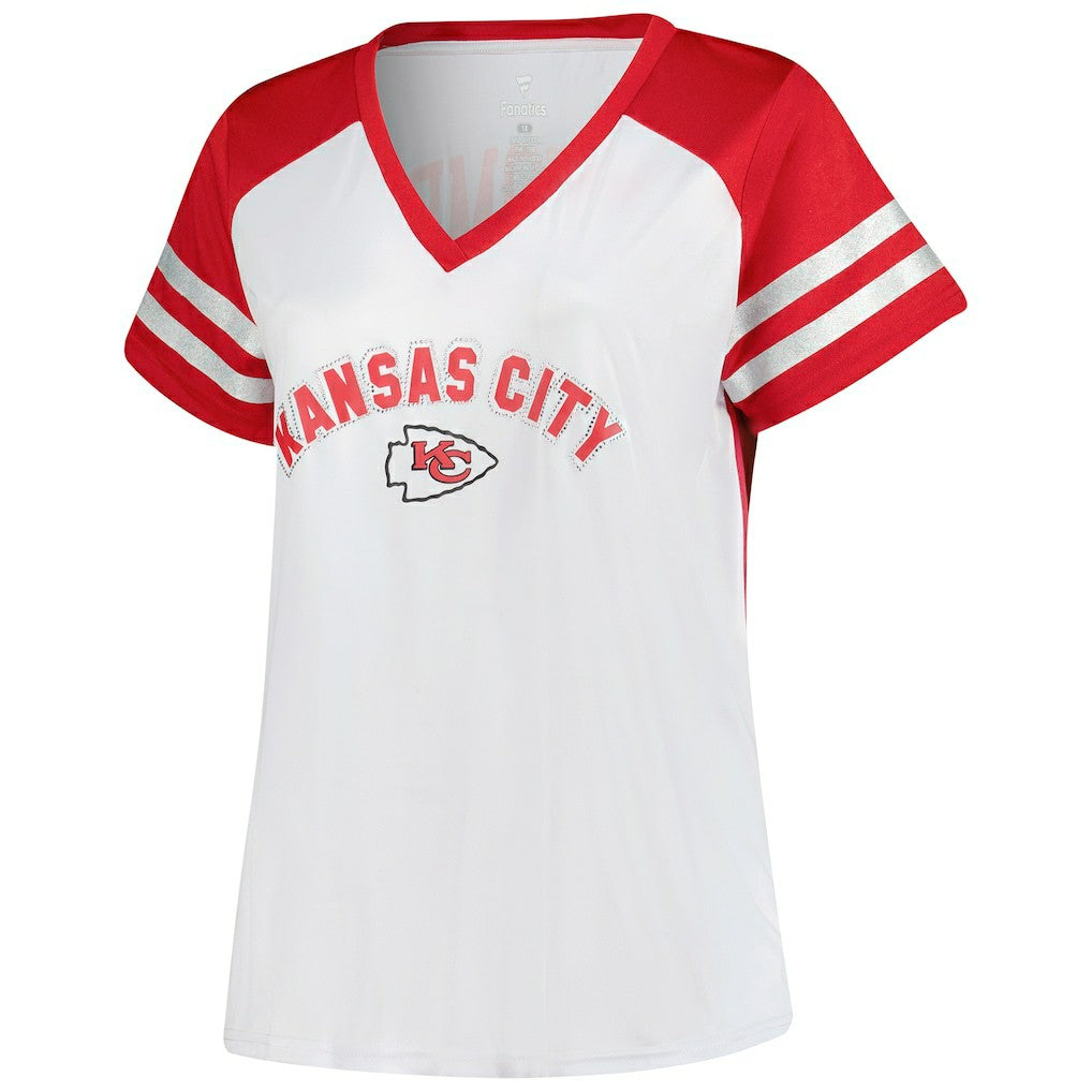 Patrick Mahomes Kansas City Chiefs Women's Plus Size Bling V-Neck T-Shirt White