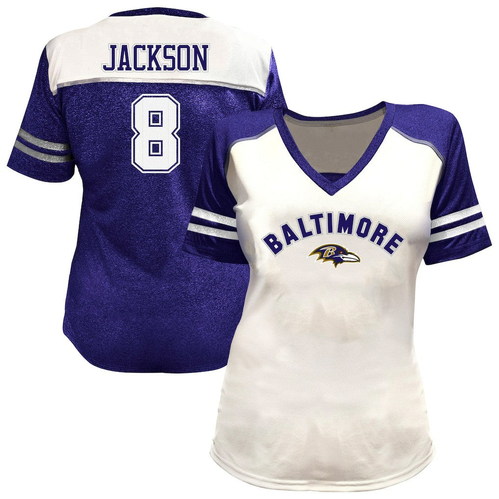 Lamar Jackson Baltimore Ravens Women's Plus Size Bling V-Neck T-Shirt White