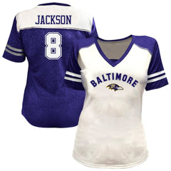 Lamar Jackson Baltimore Ravens Women's Plus Size Bling V-Neck T-Shirt White