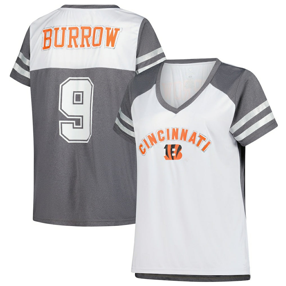 Joe Burrow Cincinnati Bengals Women's Plus Size Bling V-Neck T-Shirt White