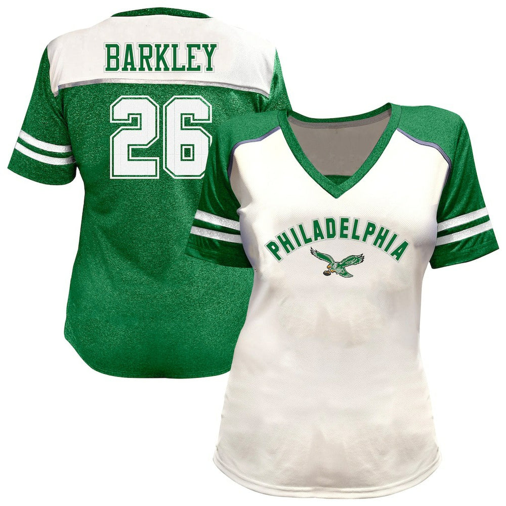 Saquon Barkley Philadelphia Eagles Women's Plus Size Bling V-Neck T-Shirt White