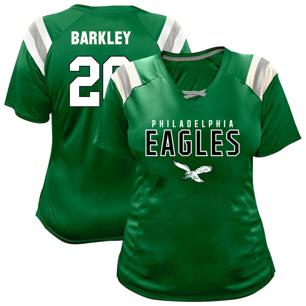 Saquon Barkley Philadelphia Eagles Women's Plus Size Name & Number Raglan Lace V-Neck T-Shirt Kelly Green