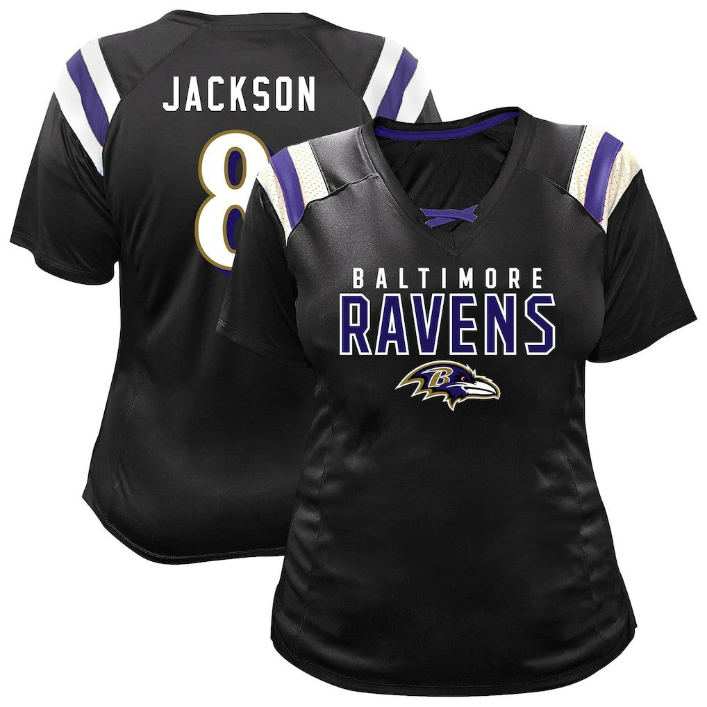 Lamar Jackson Baltimore Ravens Women's Plus Size Name & Number Raglan Lace V-Neck T-Shirt Black
